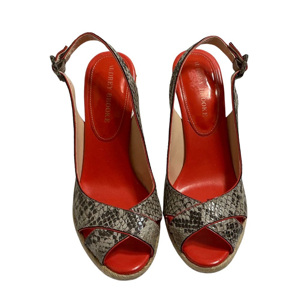 Audrey Brooke Wedge Sandals Size 8M Snakeskin Peep-Toe Slingback Adjustable